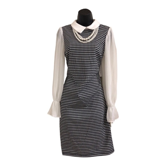 Black white houndstooth sheer long sleeve Pearl necklace Peter Pan collar sheath - Picture 11 of 15